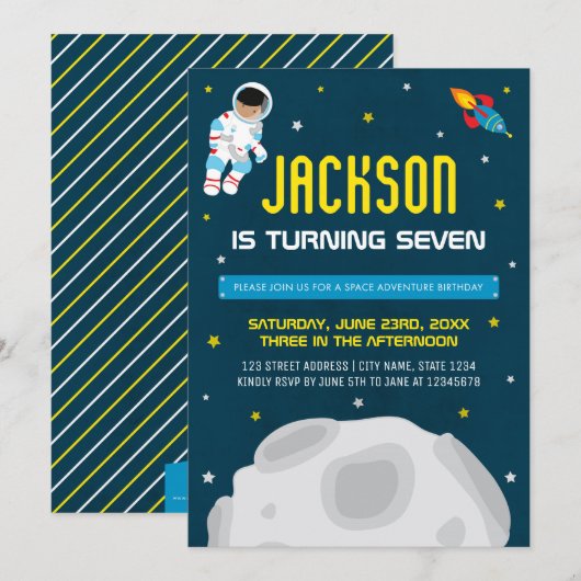 Verjaardagsuitnodiging voor Space Dark Boy Astrona Kaart (Voorkant / Achterkant)