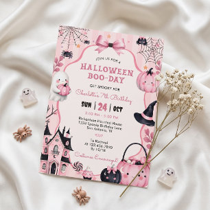 Verjaardagsuitnodiging voor spookachtig roze pompo kaart