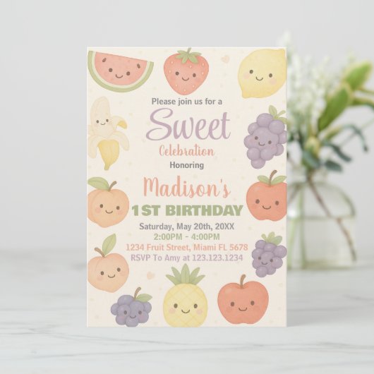 Verjaardagsuitnodiging voor tropische vruchten kaart (Staand voorkant)