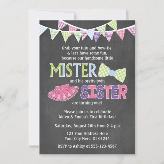 Verjaardagsuitnodiging voor tweelingen | Tutus en  Kaart (Voorkant)