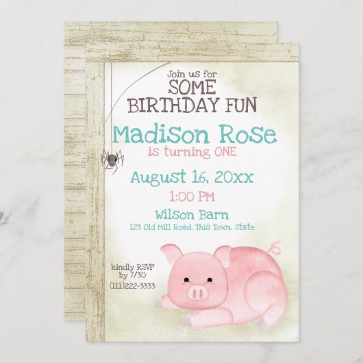 Verjaardagsuitnodiging voor varken- en webschuur kaart (Voorkant / Achterkant)