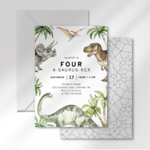 Verjaardagsuitnodiging voor vier A-Saurus-Rex dino Kaart