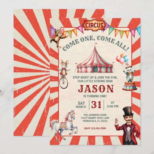 Verjaardagsuitnodiging voor vintage circuscarnaval kaart (Voorkant / Achterkant)