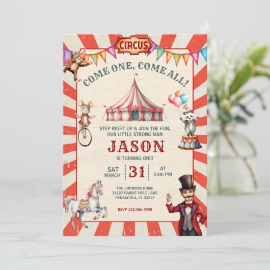 Verjaardagsuitnodiging voor vintage circuscarnaval kaart (Staand voorkant)