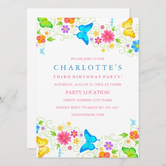  verjaardagsuitnodiging voor vlinders kaart (Voorkant / Achterkant)