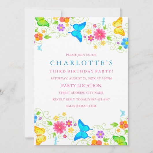  verjaardagsuitnodiging voor vlinders kaart (Voorkant)