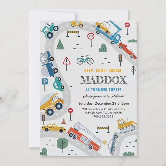 Verjaardagsuitnodiging voor vrachtwagens en auto's kaart (Voorkant)