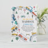Verjaardagsuitnodiging voor vrachtwagens en auto's kaart (Staand voorkant)