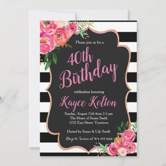 Verjaardagsuitnodiging voor vrouwen roze en zwart kaart (Voorkant)