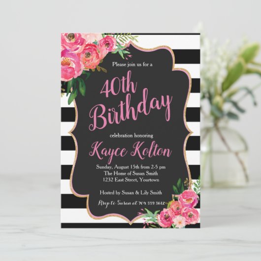 Verjaardagsuitnodiging voor vrouwen roze en zwart kaart (Staand voorkant)