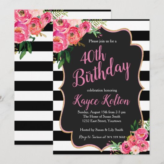 Verjaardagsuitnodiging voor vrouwen roze en zwart kaart (Voorkant / Achterkant)