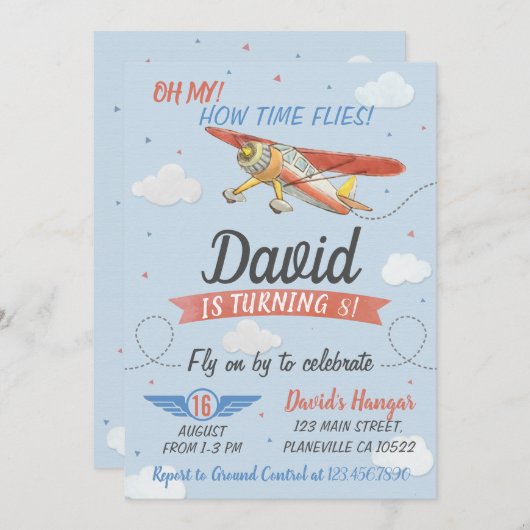 Verjaardagsuitnodiging voor waterverf piloot en vl kaart (Voorkant / Achterkant)