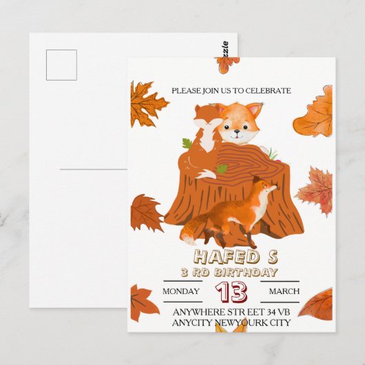 Verjaardagsuitnodiging voor Woodland Animals: Herf Briefkaart (Voorkant / Achterkant)