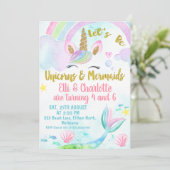 Verjaardagsuitnodiging voor zeemeermin en eenhoorn kaart (Staand voorkant)