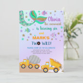 Verjaardagsuitnodiging voor zeemeermin en kipkar m kaart (Staand voorkant)