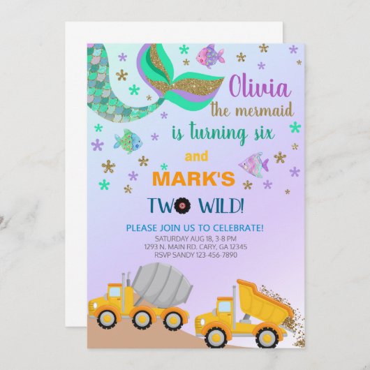 Verjaardagsuitnodiging voor zeemeermin en kipkar m kaart (Voorkant / Achterkant)