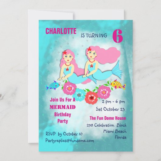 Verjaardagsuitnodiging voor zwemmende zeemeerminne kaart (Voorkant)