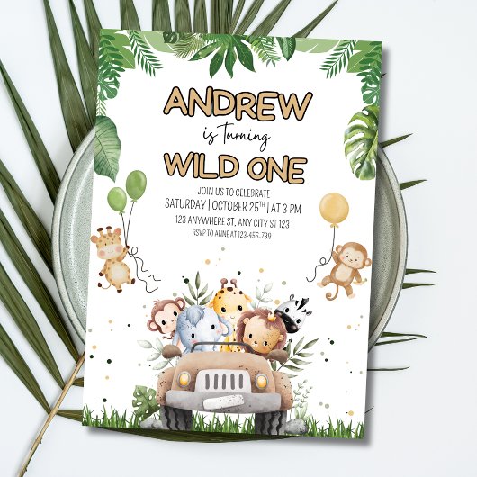 Verjaardagsuitnodiging Wild One, Jungle Dieren