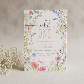 Verjaardagsuitnodiging Wild One Wildflower Girls 1 Kaart