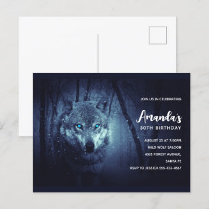 Verjaardagsuitnodiging Wilde Wolf met Mooie Blauwe Briefkaart