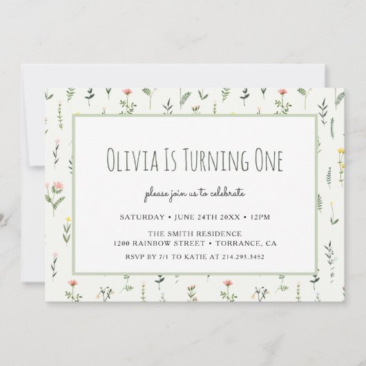 Verjaardagsuitnodiging Wildflower Garden Girl 1e v Kaart (Voorkant)