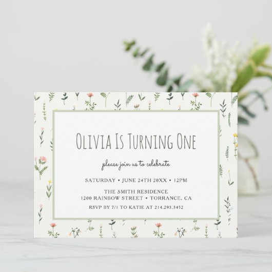 Verjaardagsuitnodiging Wildflower Garden Girl 1e v Kaart (Staand voorkant)