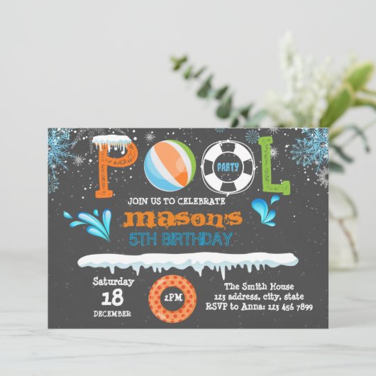 verjaardagsuitnodiging winterpool kaart (Staand voorkant)