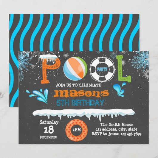verjaardagsuitnodiging winterpool kaart (Voorkant / Achterkant)
