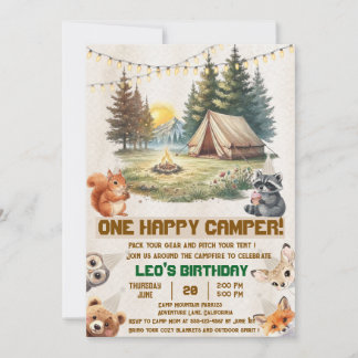 Verjaardagsuitnodiging Woodland Animals Camping 1e Kaart