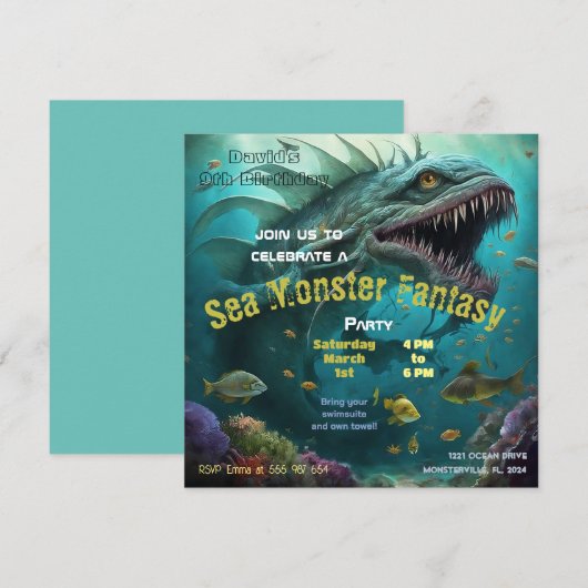 Verjaardagsuitnodiging Zee Monster Fantasy Kaart (Voorkant / Achterkant)