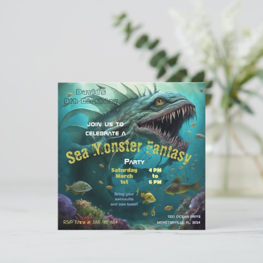 Verjaardagsuitnodiging Zee Monster Fantasy Kaart (Staand voorkant)