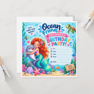 Verjaardagsuitnodiging Zeemeermin & Dolfijn Ocean Kaart