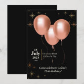 Verjaardagsuitnodiging-zwart met roosgouden ballon kaart (Voorkant / Achterkant)