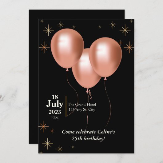Verjaardagsuitnodiging-zwart met roosgouden ballon kaart (Voorkant / Achterkant)