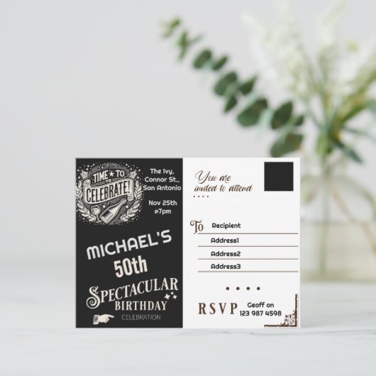 Verjaardagsuitnodiging zwart & wit vintage briefkaart (Staand voorkant)