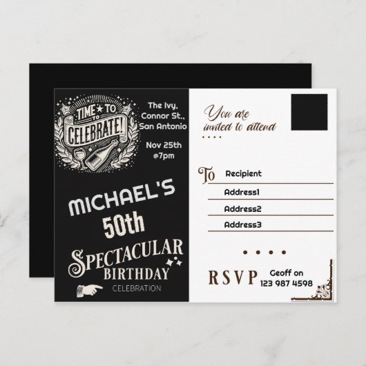 Verjaardagsuitnodiging zwart & wit vintage briefkaart (Voorkant / Achterkant)