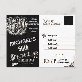 Verjaardagsuitnodiging zwart & wit vintage briefkaart