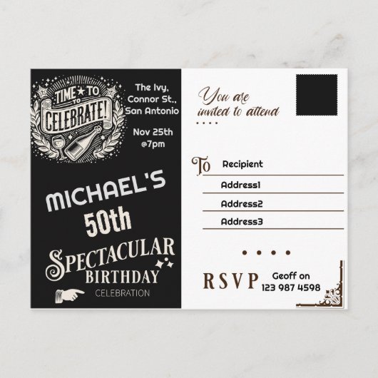 Verjaardagsuitnodiging zwart & wit vintage briefkaart (Voorkant)