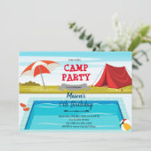 Verjaardagsuitnodiging zwembad kamp bedankkaart (Staand voorkant)
