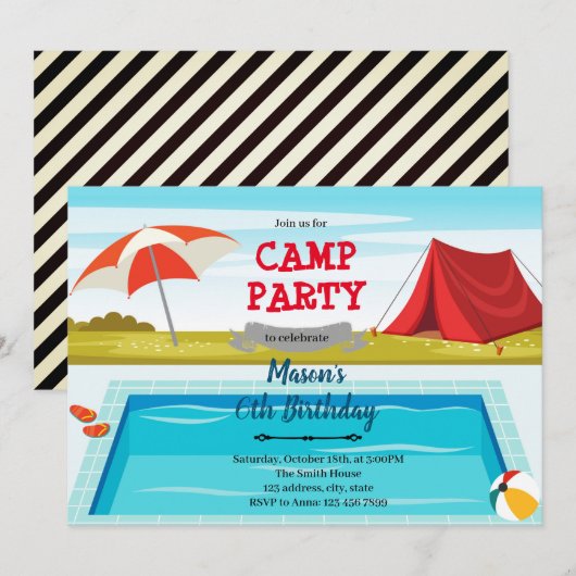 Verjaardagsuitnodiging zwembad kamp bedankkaart (Voorkant / Achterkant)