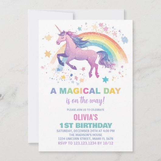 Verjaardagsuitnodigingen Rainbow Star Unicorn Kaart (Voorkant)