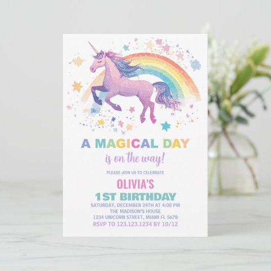 Verjaardagsuitnodigingen Rainbow Star Unicorn Kaart (Staand voorkant)