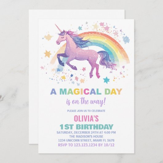 Verjaardagsuitnodigingen Rainbow Star Unicorn Kaart (Voorkant / Achterkant)