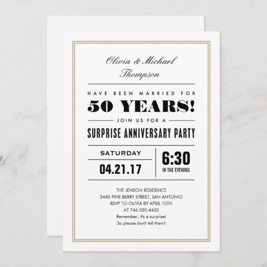 Verjaardagsuitnodigingen tot verrassing - Gouden l Kaart (Voorkant / Achterkant)