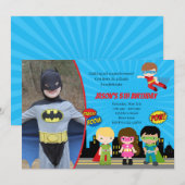 Verjaardagsuitnodigingen voor superhelden met foto kaart (Voorkant / Achterkant)