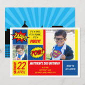 Verjaardagsuitnodigingen voor superhelden met foto kaart (Voorkant / Achterkant)