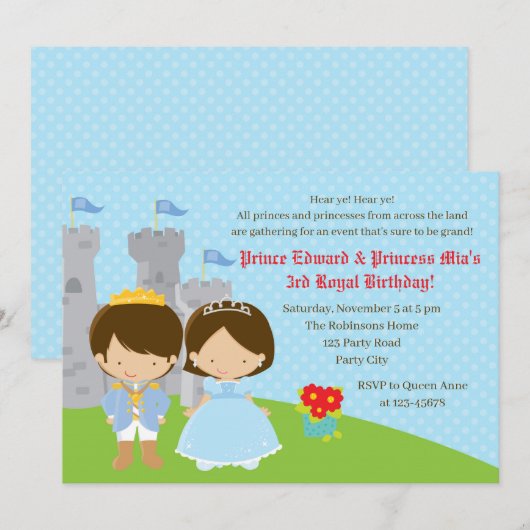 Verjaardagsuitnodigingen voor tweelingen (prinses kaart (Voorkant / Achterkant)