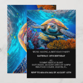 Verjaardagsuitnodigingen voor zwemmende zeeschildp kaart (Voorkant / Achterkant)
