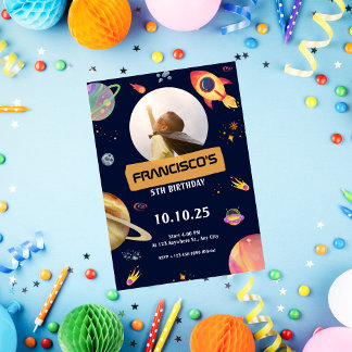 verjaardagsuitnodigingskaart Blue Space Theme Kaart