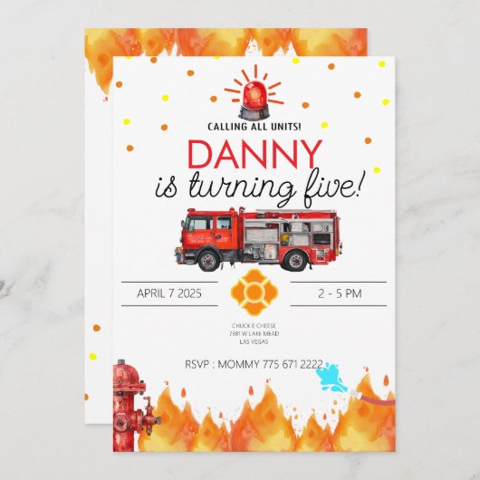 Verjaardagsuitnodigingskaart met brandweerthema kaart (Voorkant / Achterkant)